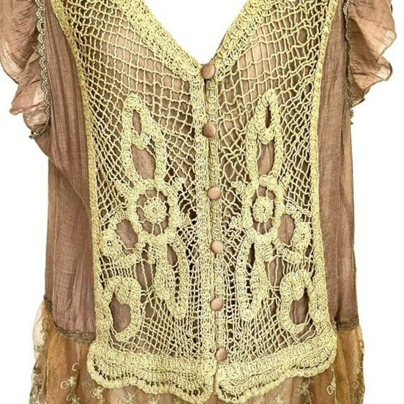 NWOT SCULLY BRONZE BEIGE SEMI-SHEER LAYERED LACE BLOUSE SIZE LARGE - Picture 8 of 13